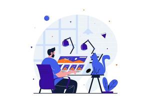 Freelance working modern flat concept for web banner design. Male illustrator drawing images while sitting at tilting table with cat in home studio. Vector illustration with isolated people scene