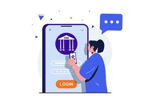 Mobile banking modern flat concept for web banner design. Woman enters login and password for secure access to personal financial account in application. Vector illustration with isolated people scene