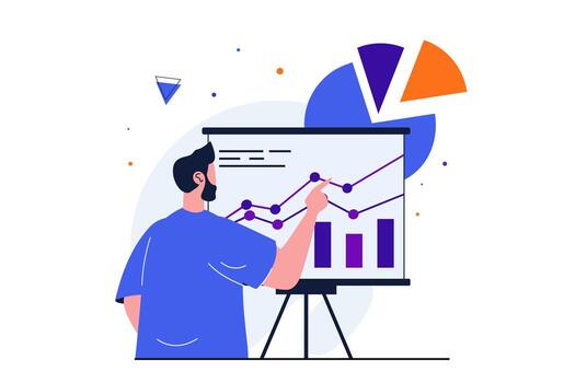 Sales performance modern flat concept for web banner design. Man analyzes company financial data and makes presentation, accountancy and management. Vector illustration with isolated people scene