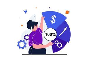 Sales performance modern flat concept for web banner design. Woman analyst conducts accounting, analyzes and optimizes expenses and incomes of business. Vector illustration with isolated people scene