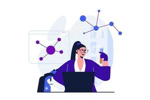 Science research modern flat concept for web banner design. Woman scientist doing chemical test in tube, studying molecules and analyzing data on laptop. Vector illustration with isolated people scene