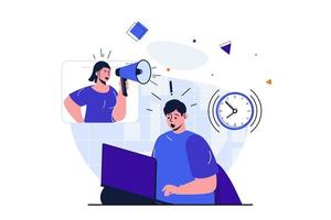 Office work modern flat concept for web banner design. Angry boss with megaphone shouting at employee, frightened man hurry writing report by deadline. Vector illustration with isolated people scene