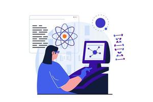 Science research modern flat concept for web banner design. Woman scientist researches atomic structure and analyzes data using computer in laboratory. Vector illustration with isolated people scene