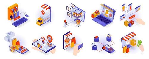 Online shopping concept isometric 3d icons set. Buying books in bookstore online, ordering goods from computer or app, tracking package and paying, isometry isolated collection. Vector illustration