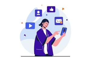 concepto plano moderno de marketing en redes sociales para diseño de banner web. la mujer administra el blog usando la aplicación móvil, publica contenido y hace publicaciones promocionales. ilustración vectorial con escena de personas aisladas vector