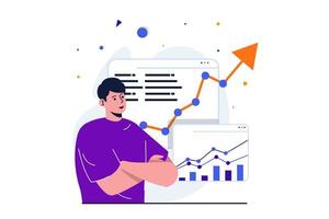 Stock market modern flat concept for web banner design. Man invests money and analyzes growth of trend and financial statistics, makes profitable deals. Vector illustration with isolated people scene