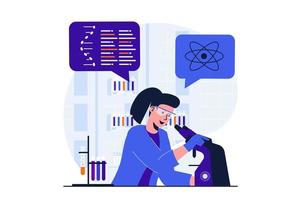 Science research modern flat concept for web banner design. Woman scientist working with microscope and doing with liquids test test tubes in laboratory. Vector illustration with isolated people scene