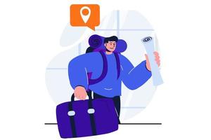 Traveling modern flat concept for web banner design. Man with backpack and luggage goes on trip. Tourist go on vacation for recreation and sightseeing. Vector illustration with isolated people scene