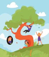 Summer Children Playing Activity Tree Composition vector