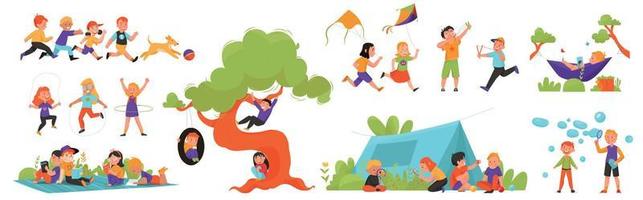 niños de verano jugando actividad conjunto de iconos de color vector