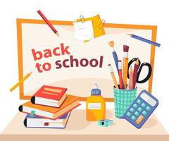 Back to school. School supplies on the table, books, pencils, brushes, glue, sharpener, stickers. A school blackboard. vector