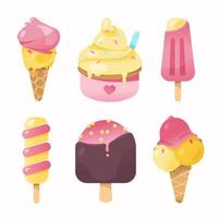 A set of cute summer icons, various ice cream, ice cream. Bright summer poster with sweet food. A collection of scrapbooking elements for a beach party vector