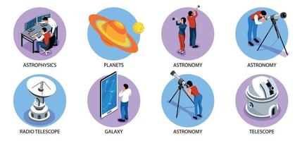 composiciones redondas isométricas de astronomía vector