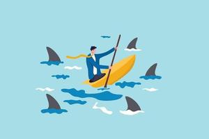 Risk taker, challenge to success, overcome difficulty or problem in crisis or entrepreneurship, determination or adversity concept, confidence businessman sailing kayak ship among danger risky sharks. vector