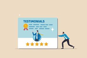 Testimonials client review, customer praise or opinion or feedback giving 5 stars rating, message or positive comment, quality service concept, businessman pushing testimonial card with good reviews.