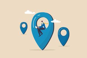 Remote job or distance work, virtual office or working anywhere, freelancer or online office, oversea employee concept, businessman working remotely with computer laptop on location map pin. vector