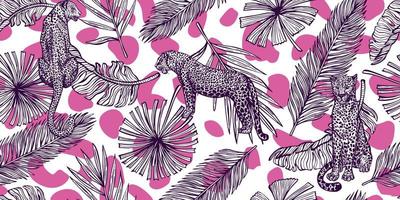 Savannah wildlife seamless pattern. Vintage Leopard and leaves with pink spots in engraving style. vector