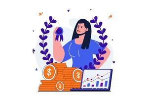 Business award modern flat concept for web banner design. Businesswoman receives a medal for career achievement. Woman entrepreneur achieves goals. Vector illustration with isolated people scene