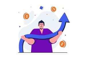 Business growth modern flat concept for web banner design. Businessman holding arrow with up direction. Development, entrepreneur ambition and progress. Vector illustration with isolated people scene