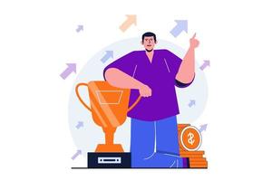 Business award modern flat concept for web banner design. Businessman receives golden cup, celebrates triumph. Happy man achieves goals, develops career. Vector illustration with isolated people scene