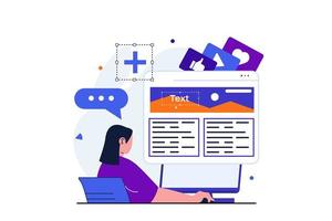 Content manager modern flat concept for web banner design. Woman writes and publishes article on blog, organization and optimization layout in browser. Vector illustration with isolated people scene