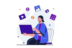 administrador de contenido concepto plano moderno para diseño de banner web. mujer trabaja en laptop, publica según plan video, audio e imágenes en redes sociales. ilustración vectorial con escena de personas aisladas vector