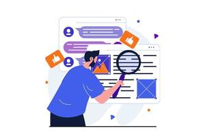 Content manager modern flat concept for web banner design. Man creates layout of site, studies feedback of followers, develops and organizes page mockup. Vector illustration with isolated people scene