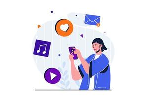 concepto plano moderno de marketing digital para diseño de banner web. la mujer trabaja en teléfonos móviles, publica y hace correos, atrae nueva audiencia, comercio electrónico. ilustración vectorial con escena de personas aisladas vector