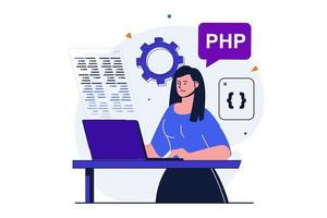 programador que trabaja en un concepto plano moderno para el diseño de banners web. la desarrolladora femenina trabaja en computadoras portátiles y programas en php y otros lenguajes de programación. ilustración vectorial con escena de personas aisladas vector