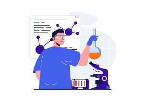 Science research modern flat concept for web banner design. Man scientist holds flask with studied liquid, makes test and analysis results in laboratory. Vector illustration with isolated people scene