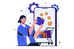 concepto plano moderno de pago en línea para diseño de banner web. la mujer realiza compras y pedidos de productos en la tienda en línea pagando con monedero electrónico en la aplicación. ilustración vectorial con escena de personas aisladas vector