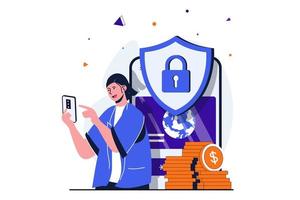 concepto plano moderno de pago seguro para diseño de banner web. la mujer usa la aplicación móvil de protección para la banca en línea y mantiene su dinero en cuenta. ilustración vectorial con escena de personas aisladas vector