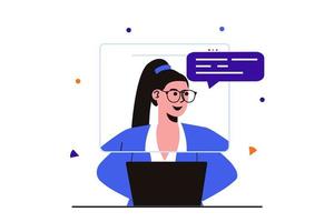 video chat moderno concepto plano para diseño de banner web. la mujer hace videollamadas salientes o entrantes, se comunica en línea, trabaja de forma remota usando una computadora portátil. ilustración vectorial con escena de personas aisladas vector