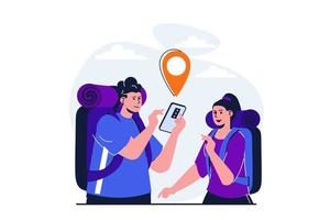 viajar concepto plano moderno para diseño de banner web. hombres y mujeres turistas con mochilas eligen la ruta de senderismo, miran la ubicación en el teléfono inteligente. ilustración vectorial con escena de personas aisladas vector