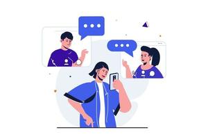 concepto plano moderno de red social para diseño de banner web. los amigos se encuentran en línea mediante videollamadas en aplicaciones móviles. hombres y mujeres se comunican en línea. ilustración vectorial con escena de personas aisladas vector