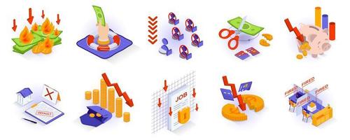 Unemployment and crisis concept isometric 3d icons set. Bankruptcy and loss of money savings, job loss, financial crisis at company, default, debts, isometry isolated collection. Vector illustration