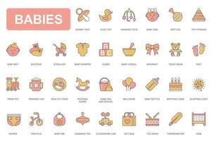 Babies concept simple line icons set. Pack outline pictograms of dummy teat, toys, bootees, stroller, teddy bear, crib, bottle, healthy food and other. Vector elements for mobile app and web design