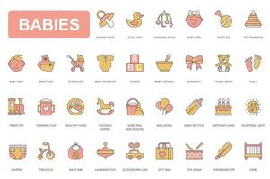 Babies concept simple line icons set. Pack outline pictograms of dummy teat, toys, bootees, stroller, teddy bear, crib, bottle, healthy food and other. Vector elements for mobile app and web design