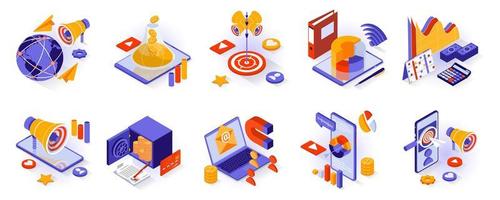 Business and marketing concept isometric 3d icons set. Global promotion, sales funnel and profit growth, data analytics, banking, online advertising isometry isolated collection. Vector illustration