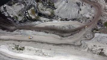 vista aérea do poço de mina aberta de trabalho. tiro de drone da atividade de mineração de carvão. Extração. máquinas funcionando. paisagem destruída. ambiente escuro e apocalíptico. perturbação da natureza. poeira e poluição. video