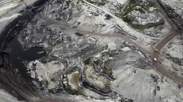 Aerial view of working open mine pit. Drone shot of coal mining activity. Extraction. Machines working. Destroyed landscape. Dark and apocalyptic environment. Disruption of nature. Dust and pollution. video