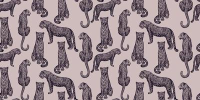 Leopard animal seamless pattern on purple background. Retro savannah animals in engraving style. vector