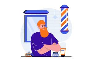 Barbershop modern flat concept for web banner design. Barber with tools and cosmetic stands next to mirror and waiting for client. Hairdresser in studio. Vector illustration with isolated people scene