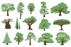 Green trees concept collection in flat cartoon design. Different types of deciduous and coniferous trees with green crown. Parks, gardens and forests plants set isolated elements. Vector illustration