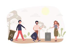 reciclaje de residuos y protección del medio ambiente moderno concepto plano. la gente recoge la basura en contenedores y bolsas y la entrega para el servicio de reutilización. ilustración vectorial con escena humana para diseño de banner web vector