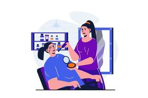 Beauty salon modern flat concept for web banner design. Woman cosmetologist makes make up to female client sitting in chair in cosmetology studio. Vector illustration with isolated people scene