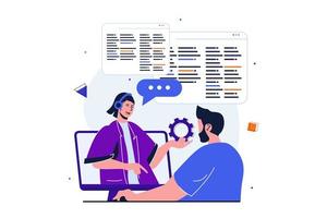 Customer service modern flat concept for web banner design. Man turned to technical support for help, personal consultant helps to solve client problem. Vector illustration with isolated people scene