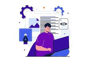 estudio de diseñador moderno concepto plano para diseño de banner web. el desarrollador del hombre trabaja en una computadora portátil, escribe código y scripts, crea y optimiza el diseño del sitio web. ilustración vectorial con escena de personas aisladas vector