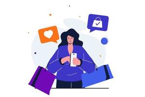 concepto plano moderno de comercio móvil para diseño de banner web. mujer con bolsas de compras busca una variedad de tiendas usando la aplicación y realiza compras. ilustración vectorial con escena de personas aisladas vector