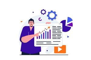 Marketing modern flat concept for web banner design. Male marketer analyzes market research data at dashboard, optimized strategy and promote business. Vector illustration with isolated people scene